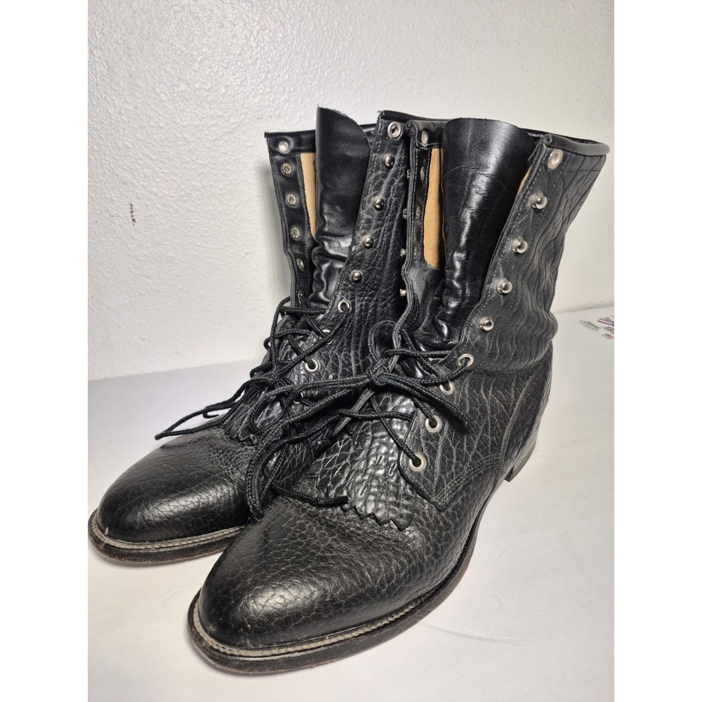 Justin Mens Black Pebbled Leather Lace Up Kiltie Roper Boots 522 USA 11 1/2